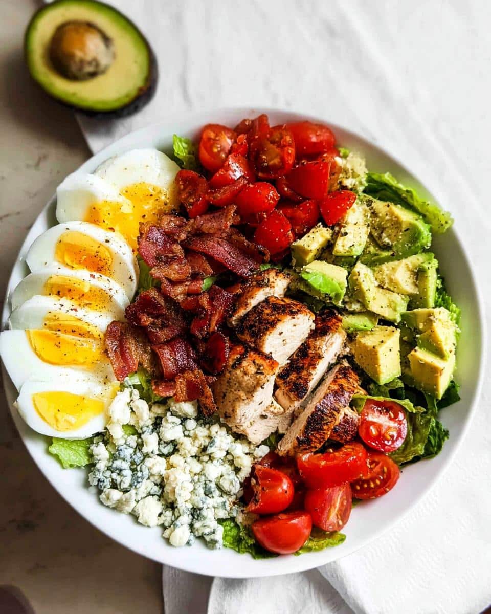 A vibrant Low Carb Cobb Salad featuring grilled chicken, bacon, hard-boiled eggs, avocado, tomatoes, and blue cheese.