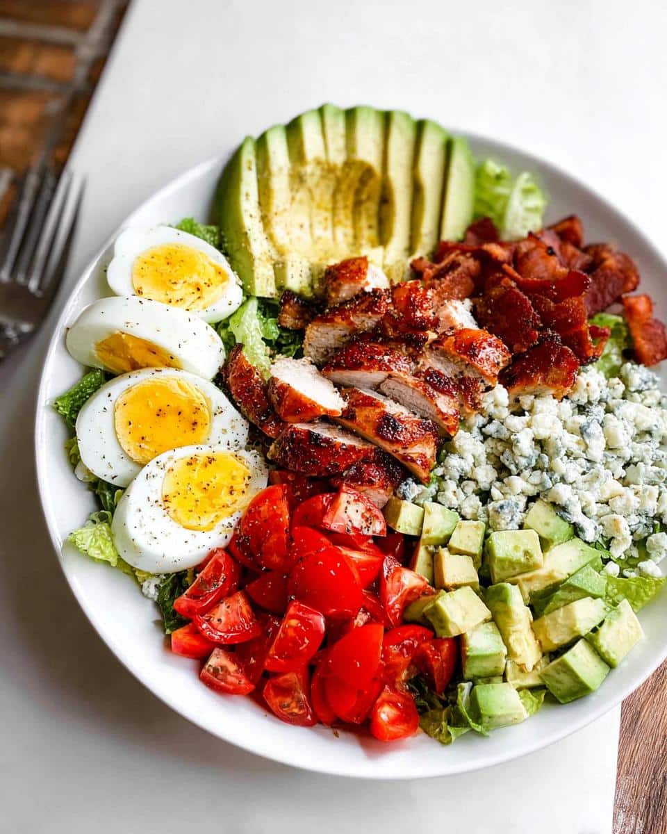 A vibrant Low Carb Cobb Salad featuring sliced grilled chicken, hard-boiled eggs, tomatoes, avocado, bacon, and blue cheese.