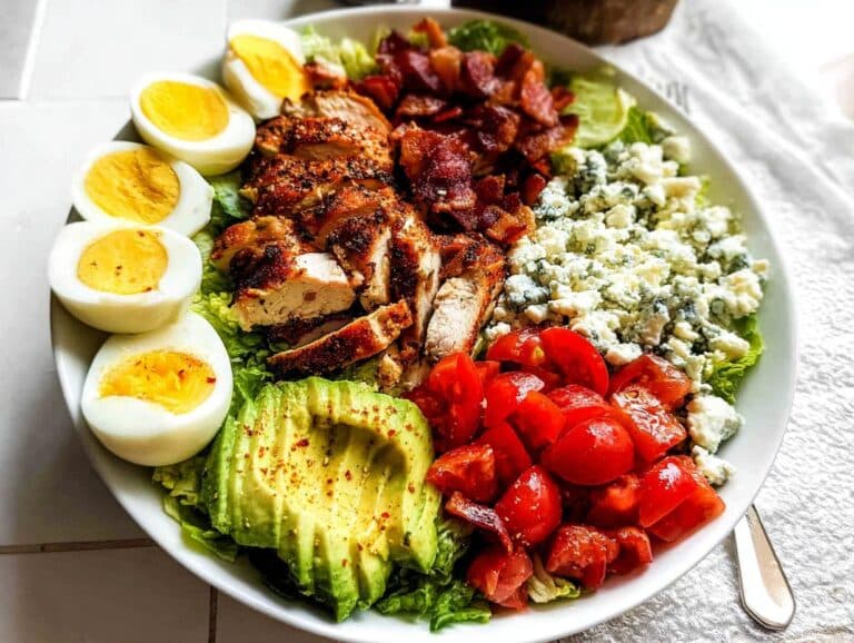 A beautiful platter featuring a Low Carb Cobb Salad with sliced seasoned chicken, hard-boiled eggs, avocado, bacon, tomatoes, and blue cheese.