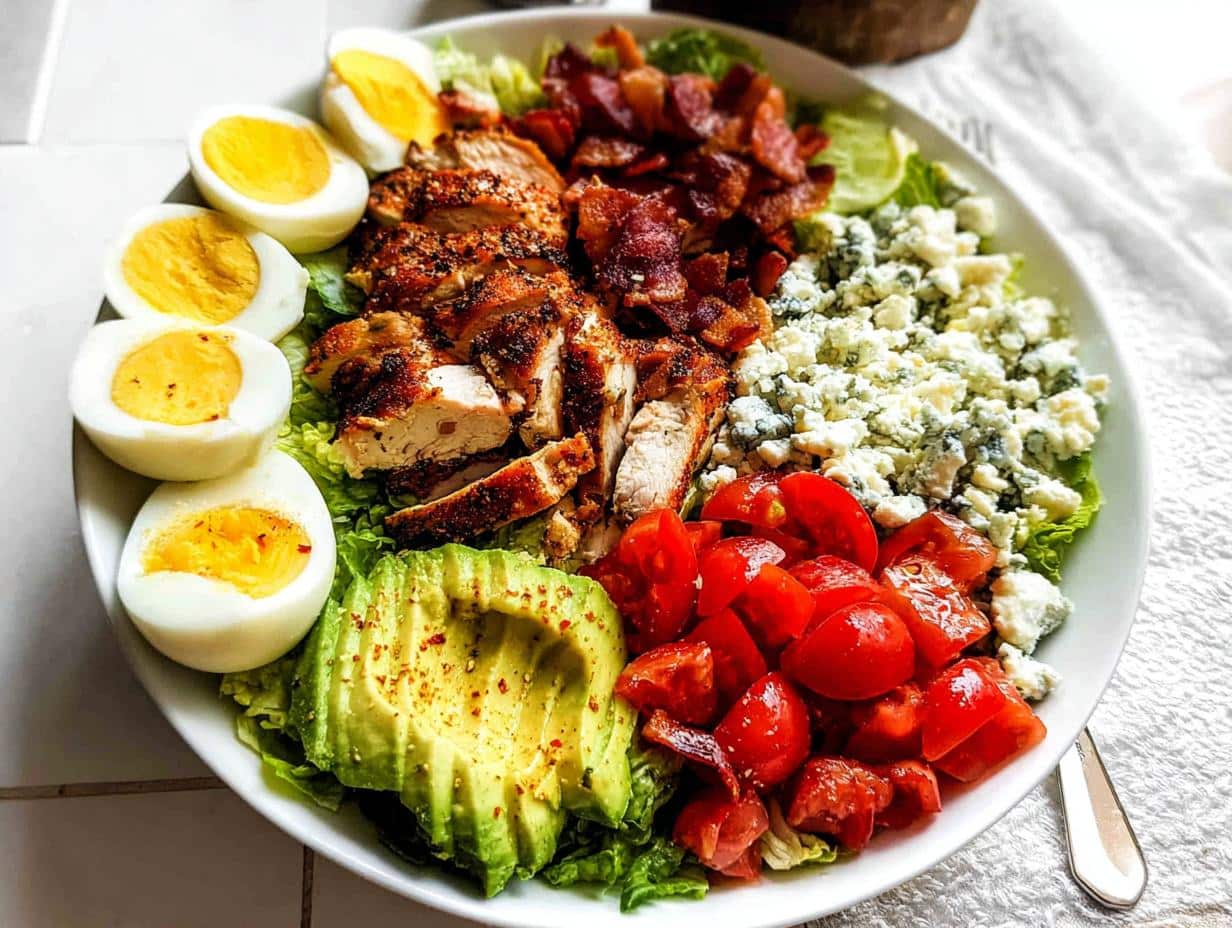 A beautiful platter featuring a Low Carb Cobb Salad with sliced seasoned chicken, hard-boiled eggs, avocado, bacon, tomatoes, and blue cheese.