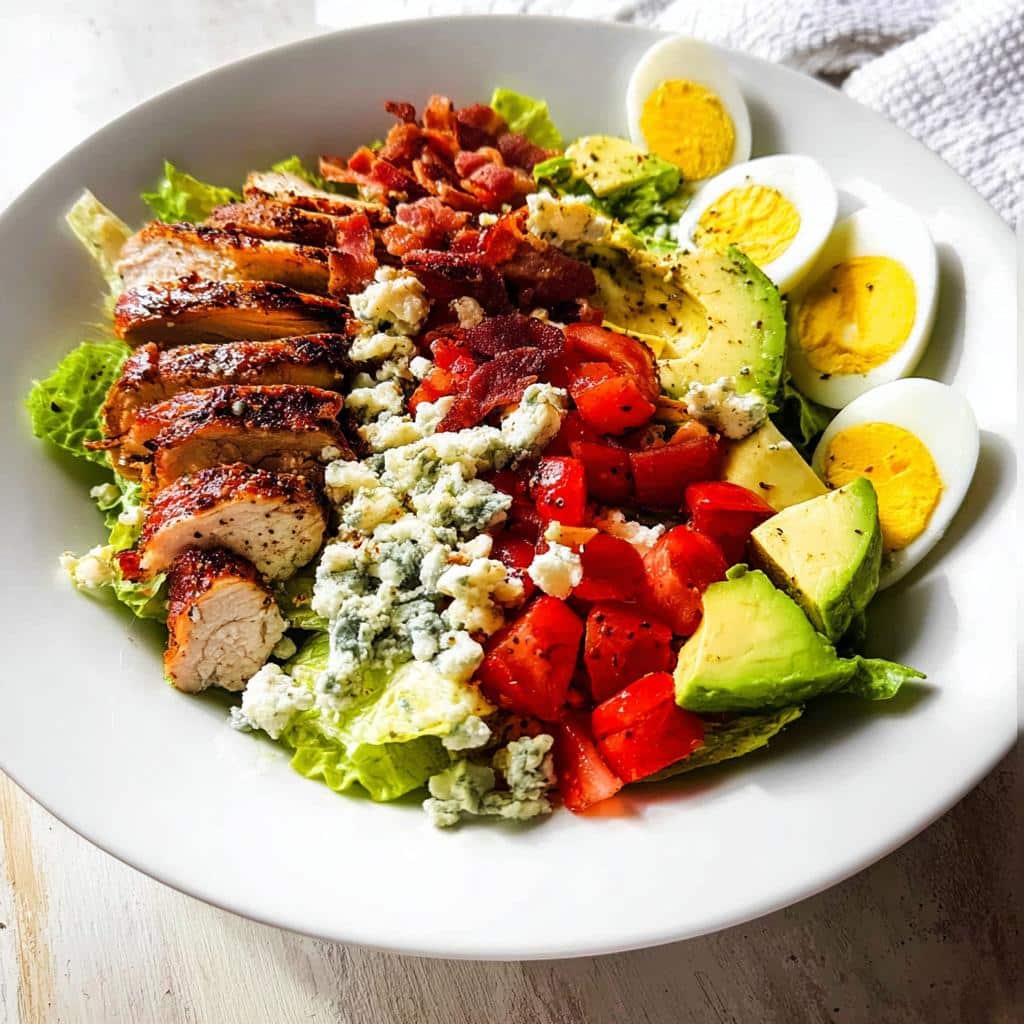 A vibrant, plated Low Carb Cobb Salad featuring sliced grilled chicken, bacon, blue cheese, avocado, tomatoes, and hard-boiled eggs.