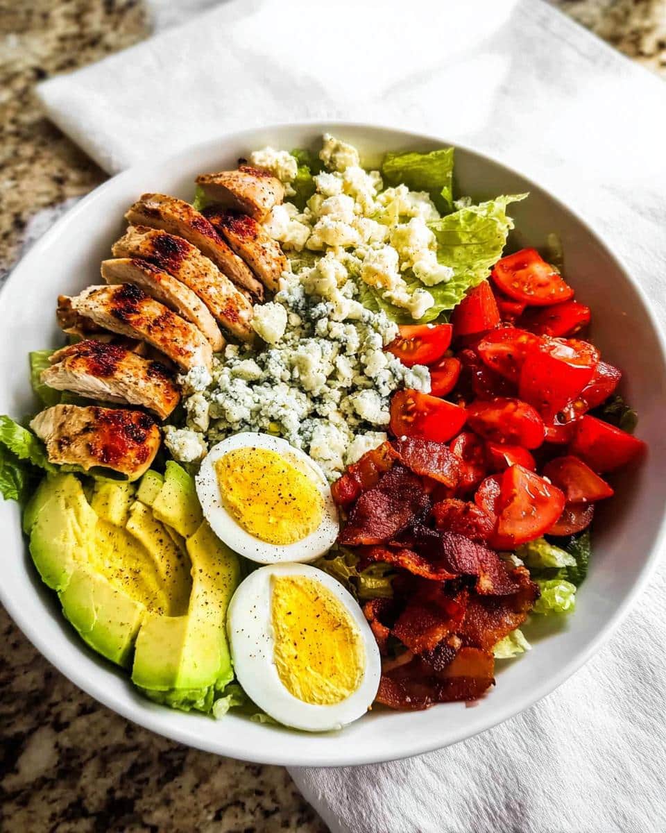 A vibrant Low Carb Cobb Salad featuring sliced grilled chicken, avocado, hard-boiled eggs, bacon, tomatoes, and blue cheese.