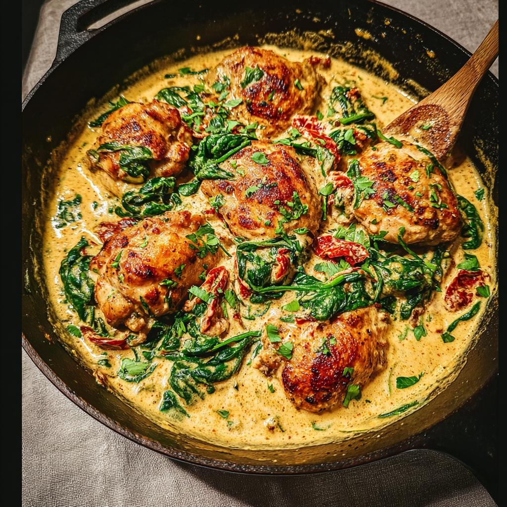 Five browned chicken thighs simmering in a rich, creamy sauce with spinach and sun-dried tomatoes for Low Carb Creamy Tuscan Chicken.