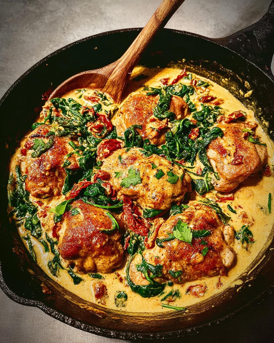 Five pieces of seared chicken thighs simmering in a creamy sauce with spinach and sun-dried tomatoes for Low Carb Creamy Tuscan Chicken.