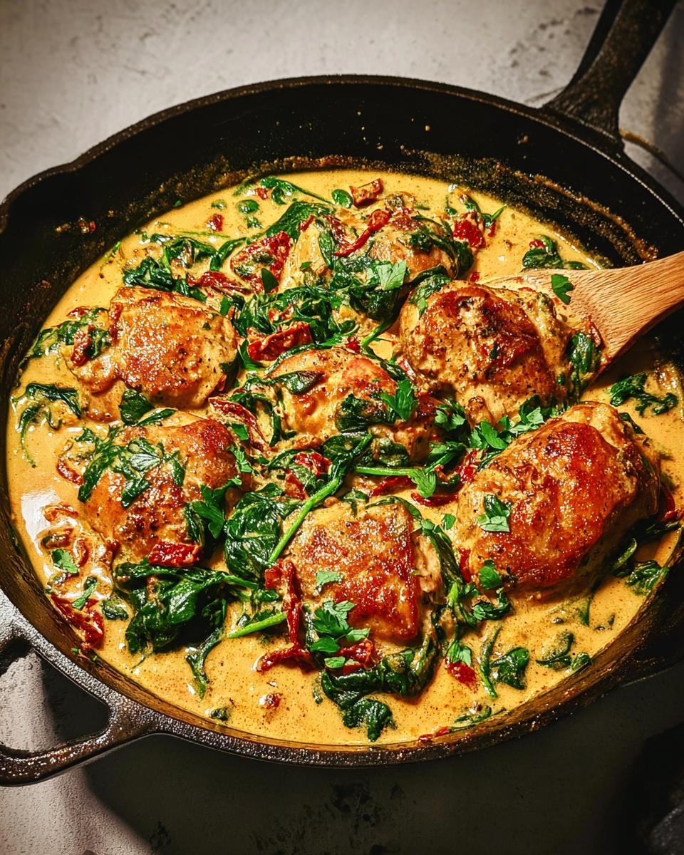 Five pieces of seared chicken thighs simmering in a rich, creamy sauce with spinach and sun-dried tomatoes for Low Carb Creamy Tuscan Chicken.
