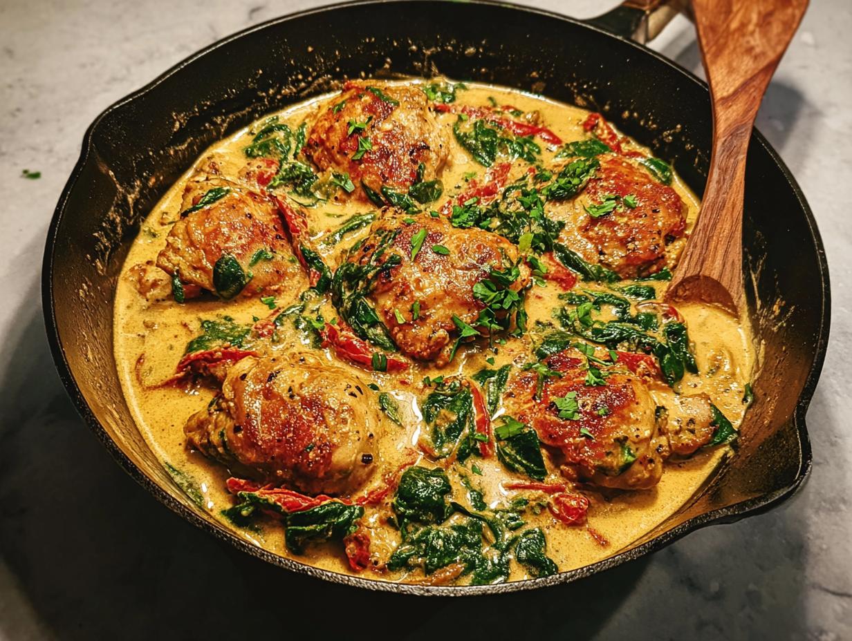 Five seared chicken thighs simmering in a rich, creamy sauce with spinach and sun-dried tomatoes for Low Carb Creamy Tuscan Chicken.