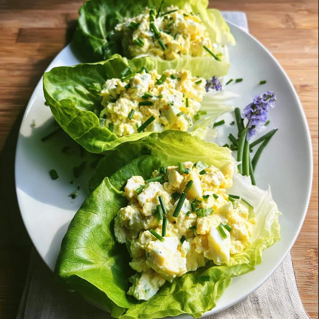 Three servings of Low Carb Egg Salad Cups nestled in crisp lettuce leaves on a white plate.