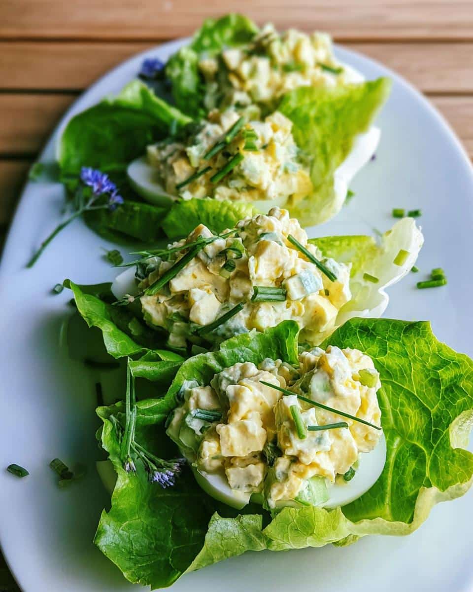 Three servings of Low Carb Egg Salad Cups served in crisp lettuce leaves and garnished with chives.