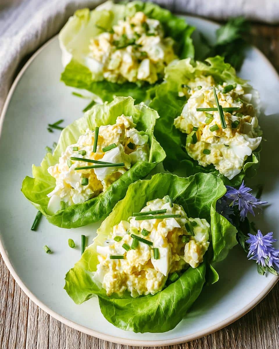 Three servings of Low Carb Egg Salad Cups nestled in crisp lettuce leaves, garnished with fresh chives.