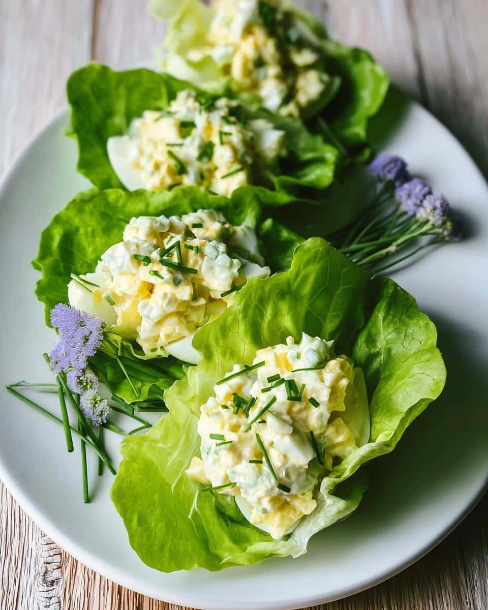 Three servings of Low Carb Egg Salad Cups nestled in crisp lettuce leaves and garnished with chives.