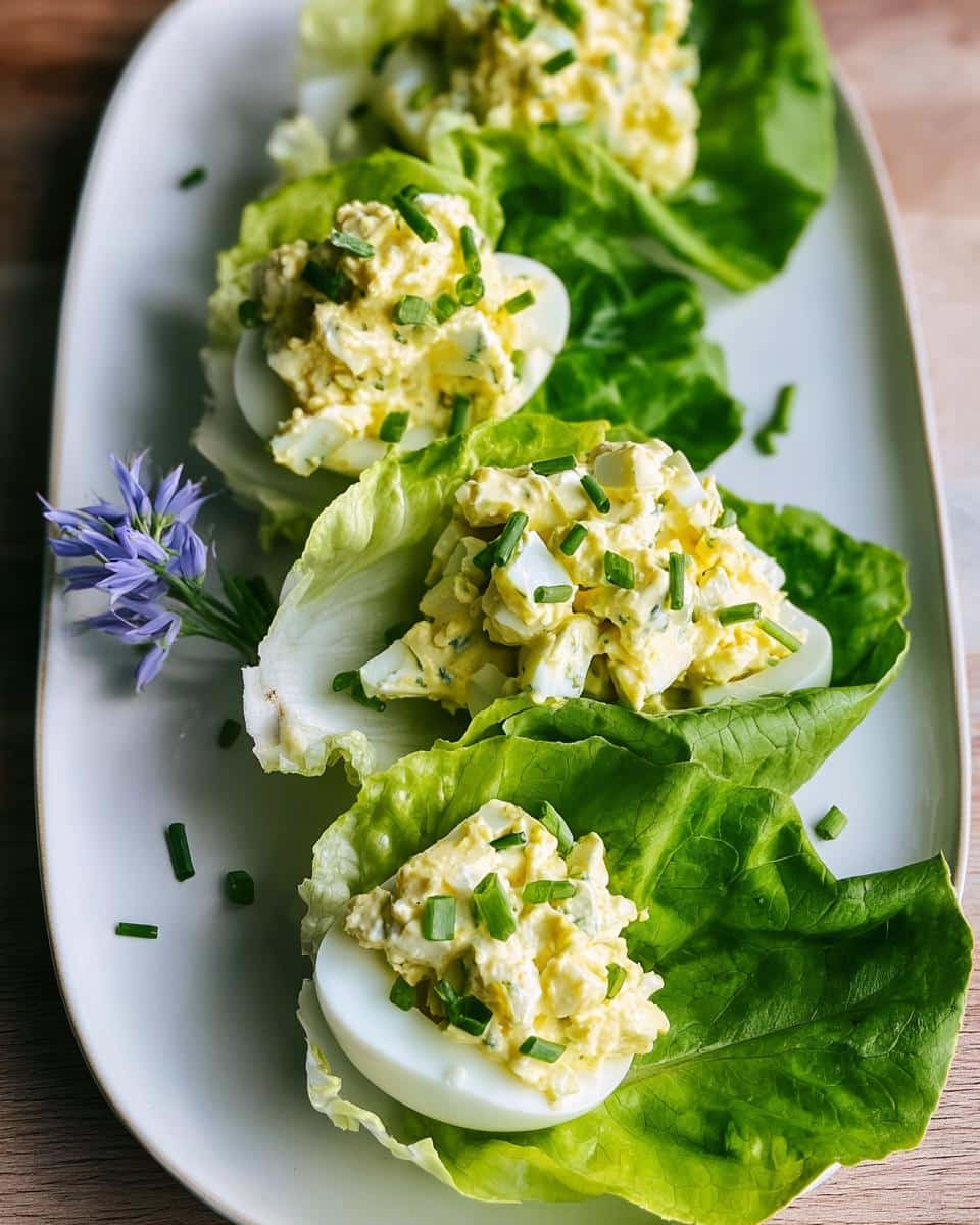 Four servings of Low Carb Egg Salad Cups resting on crisp lettuce leaves and garnished with chives.