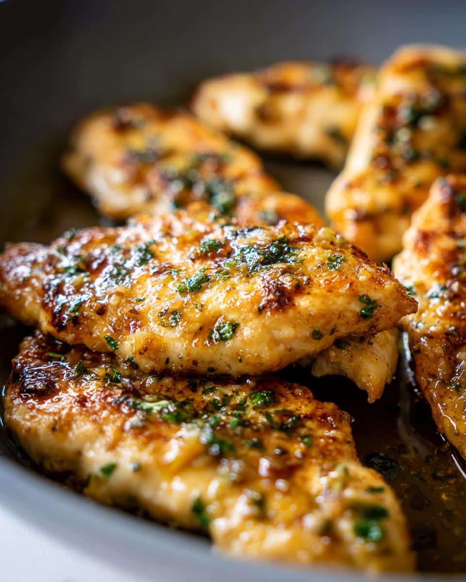 Close-up of golden-brown Low Carb Garlic Butter Chicken pieces glistening with butter sauce and topped with fresh parsley.