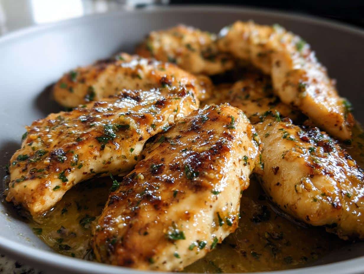 Close-up of several pan-seared Low Carb Garlic Butter Chicken pieces glistening in a savory sauce.