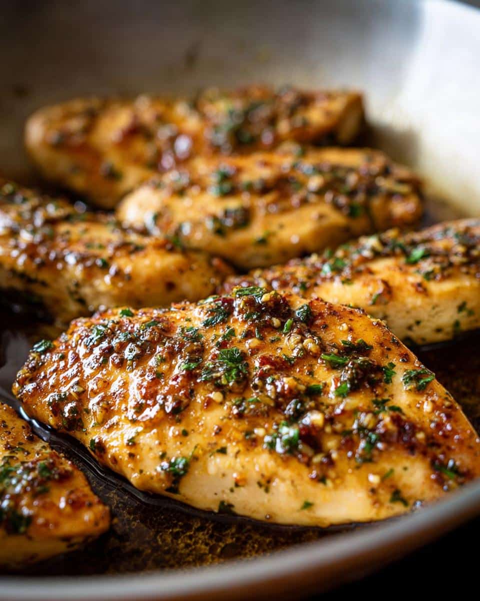 Close-up of several juicy chicken breasts coated in a rich garlic butter sauce with herbs, ready to serve.