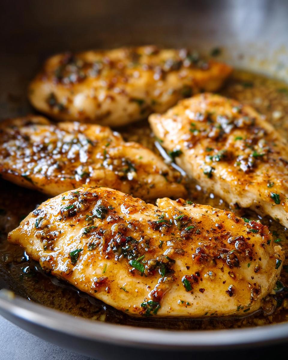 Four golden brown chicken breasts simmering in rich garlic butter sauce, perfect for Low Carb Garlic Butter Chicken.