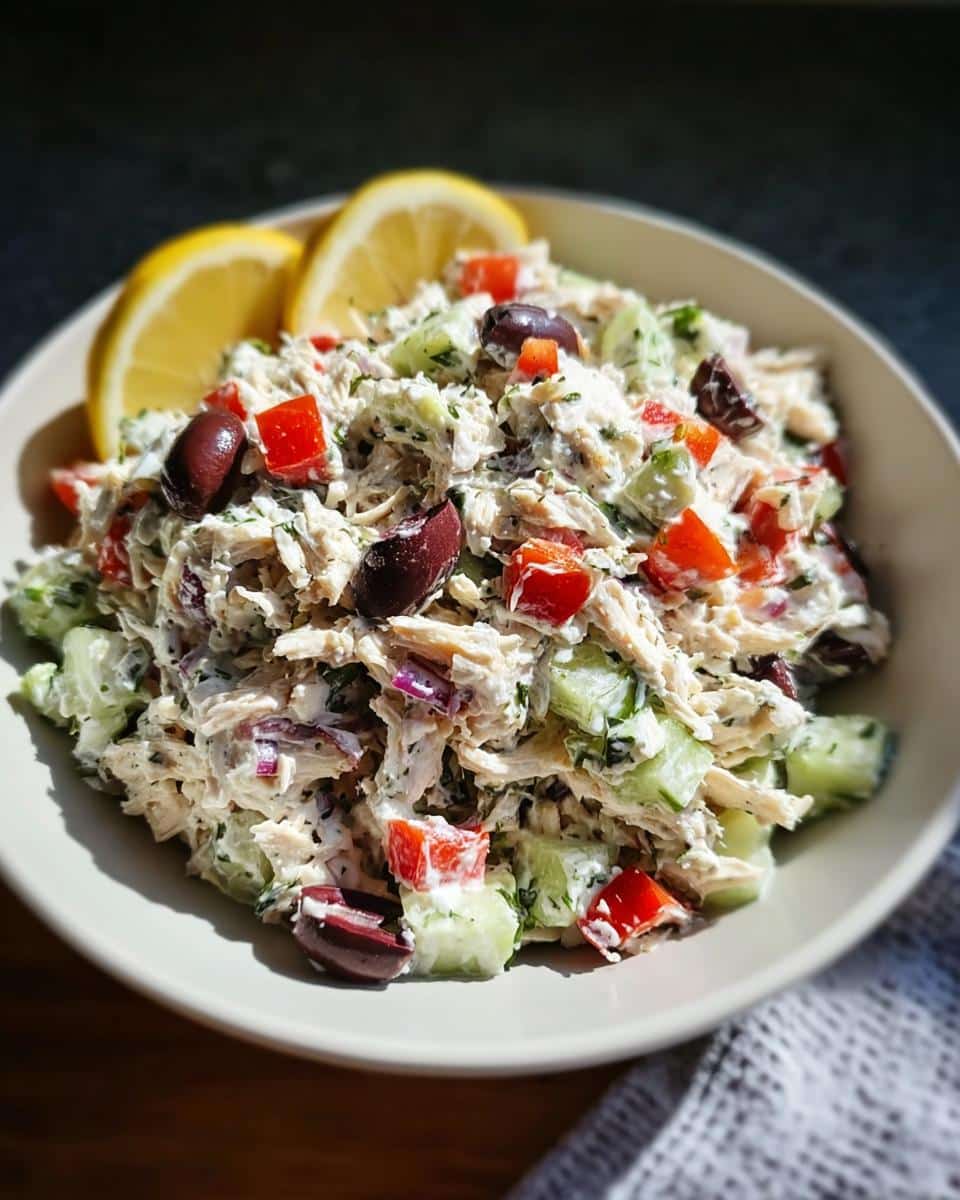 A bowl of creamy Low Carb Greek Chicken Salad mixed with cucumber, red pepper, and Kalamata olives, garnished with lemon wedges.