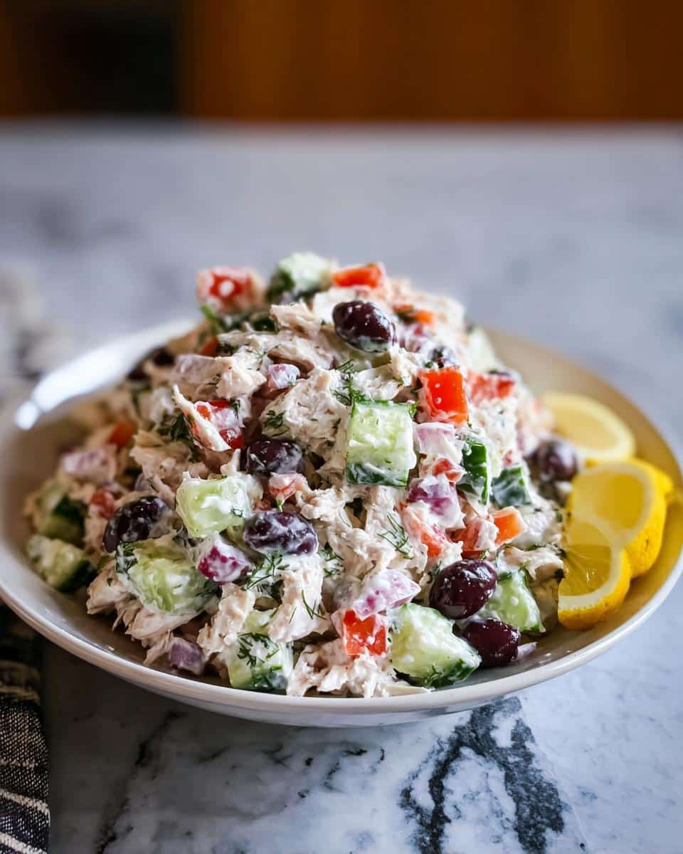 A bowl piled high with Low Carb Greek Chicken Salad featuring shredded chicken, cucumbers, tomatoes, red onion, and Kalamata olives.