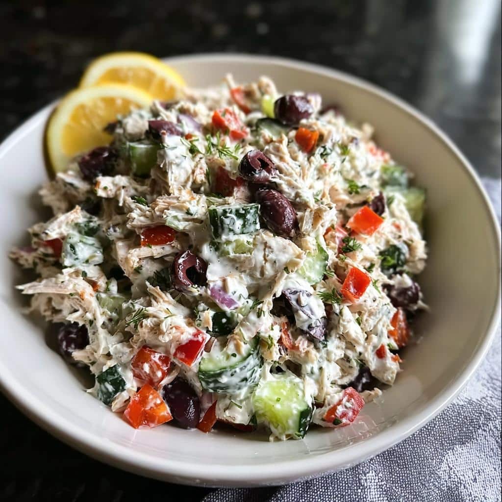 Close-up of creamy Low Carb Greek Chicken Salad with cucumbers, olives, and red peppers, garnished with lemon slices.