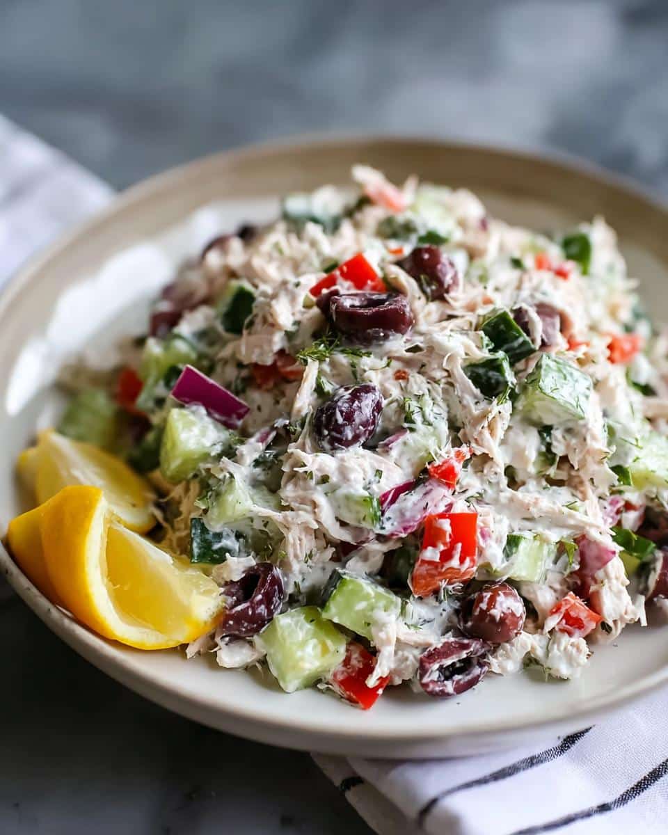 A creamy serving of Low Carb Greek Chicken Salad mixed with cucumbers, olives, and red onion, garnished with lemon wedges.