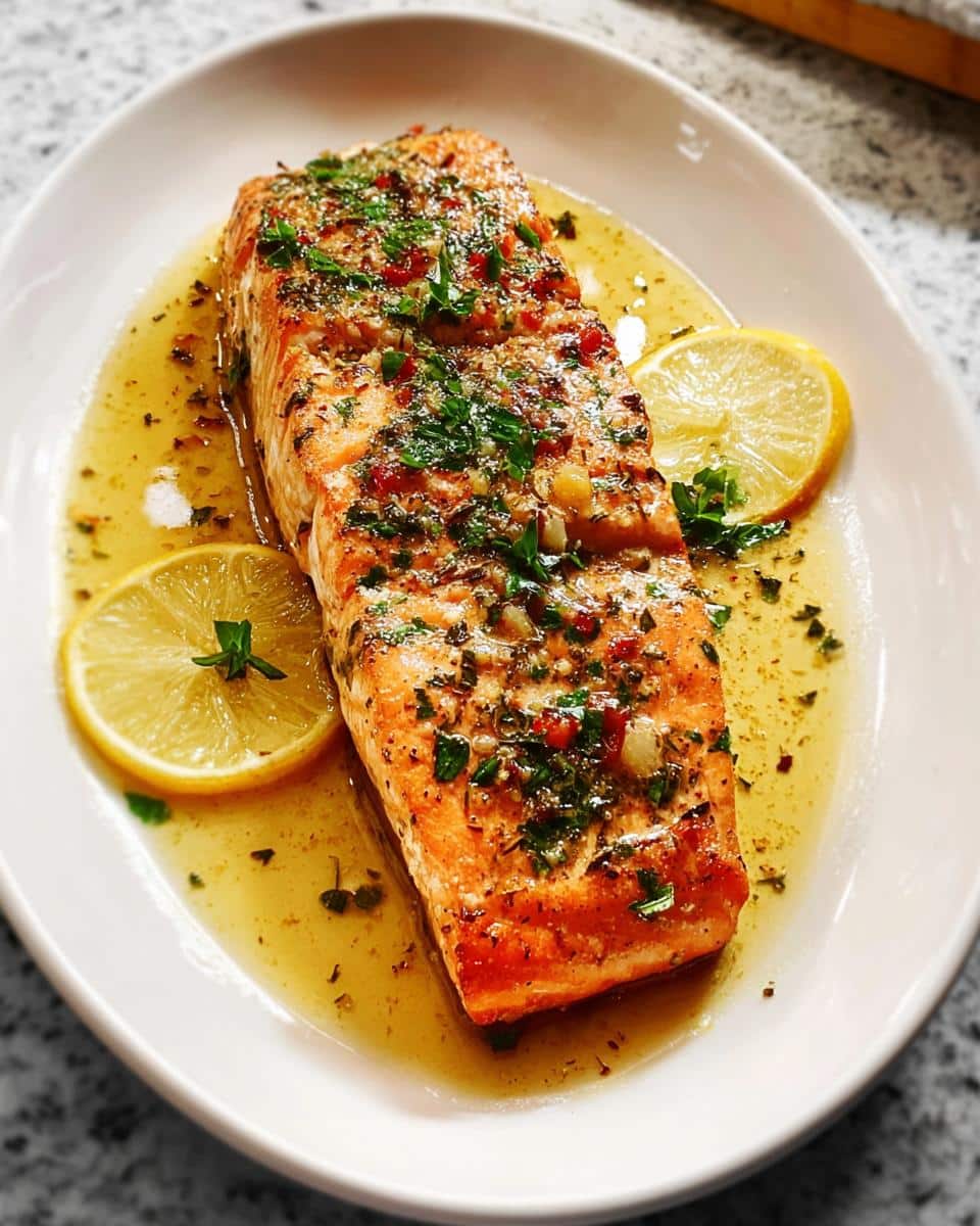 A perfectly cooked fillet of Low Carb Salmon Skillet bathed in lemon butter sauce and topped with herbs.