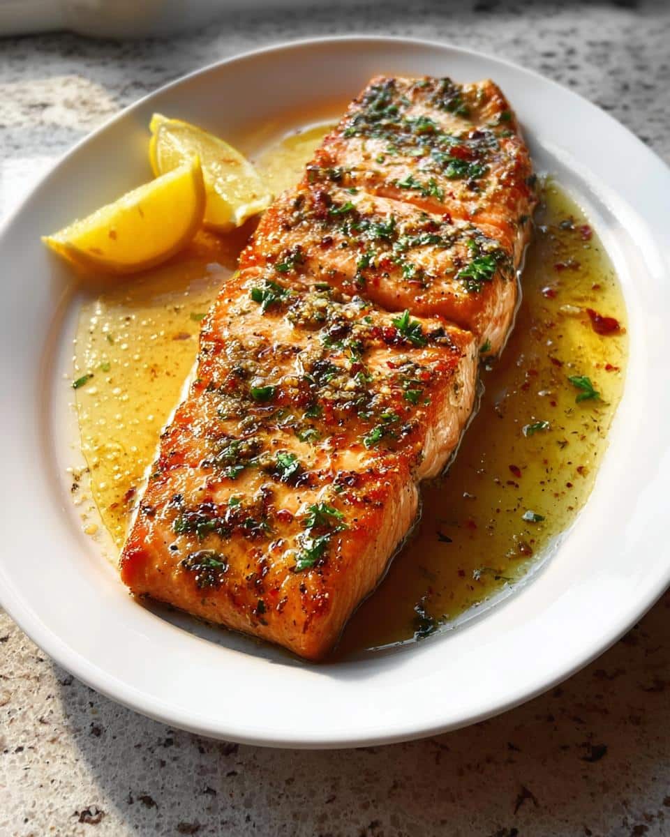 A perfectly cooked fillet of Low Carb Salmon Skillet glistening in lemon butter sauce, garnished with parsley and lemon wedges.