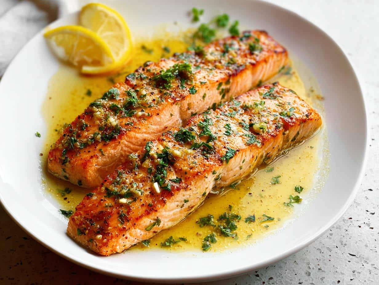 Two pan-seared fillets of Low Carb Salmon Skillet topped with garlic and parsley in a lemon butter sauce.