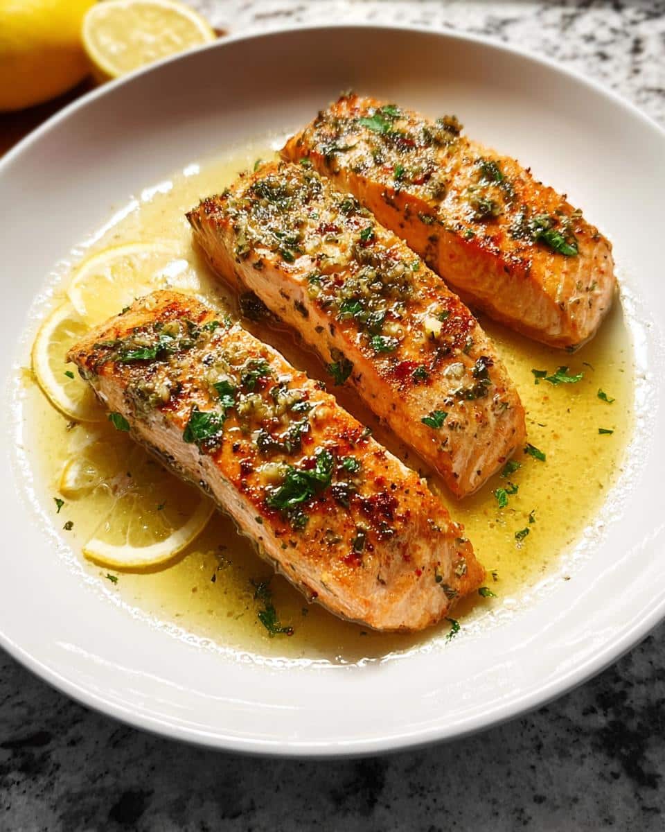 Three perfectly cooked fillets of Low Carb Salmon Skillet topped with herbs and garlic butter, served in lemon sauce.