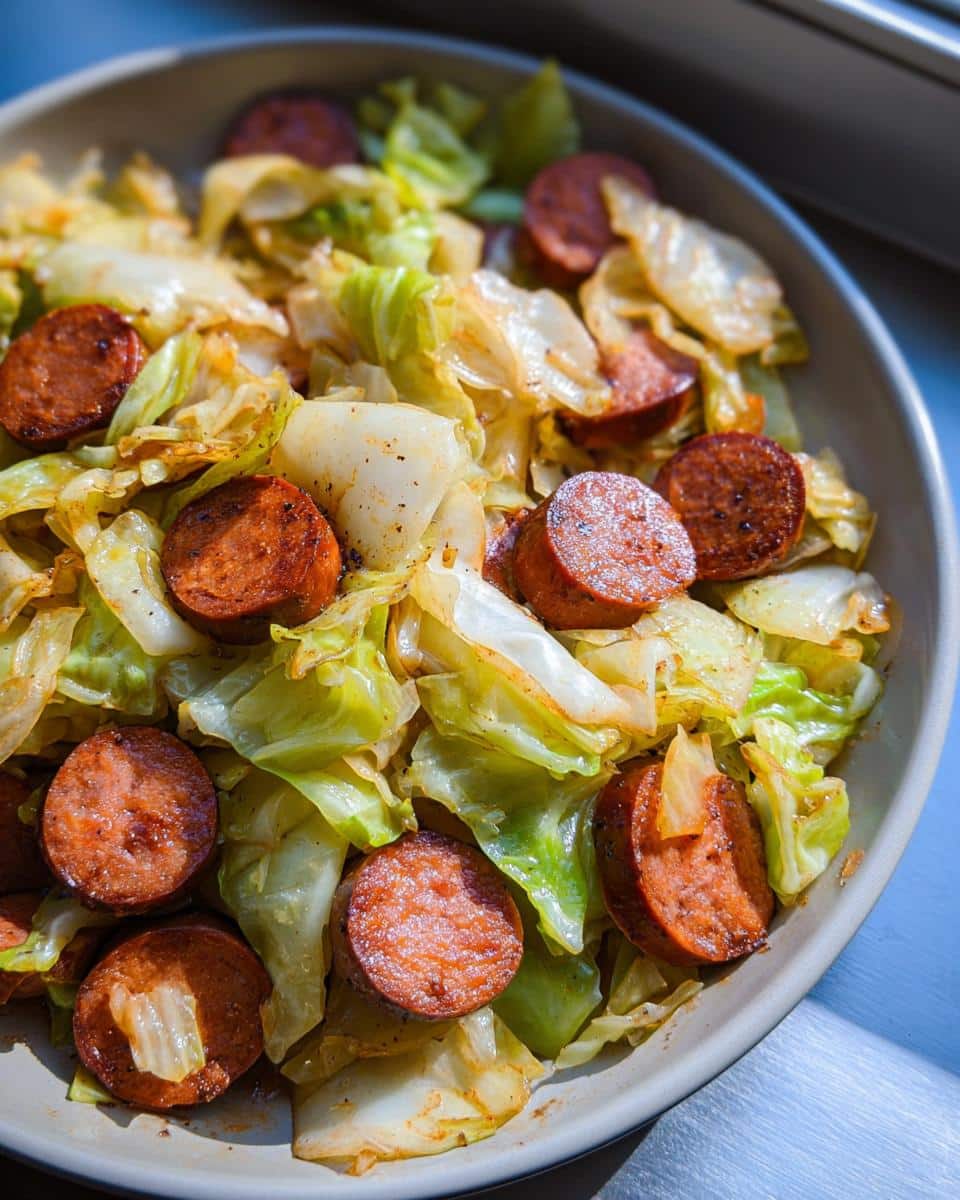 Close-up of a Low Carb Sausage Cabbage Skillet featuring browned sausage slices mixed with sautéed green cabbage.