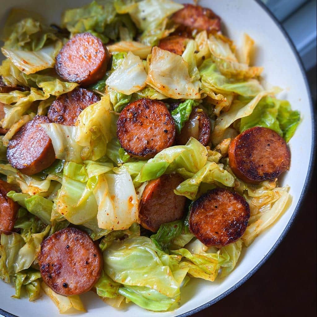 A close-up overhead view of a serving of Low Carb Sausage Cabbage Skillet featuring browned sausage slices mixed with sautéed green cabbage.