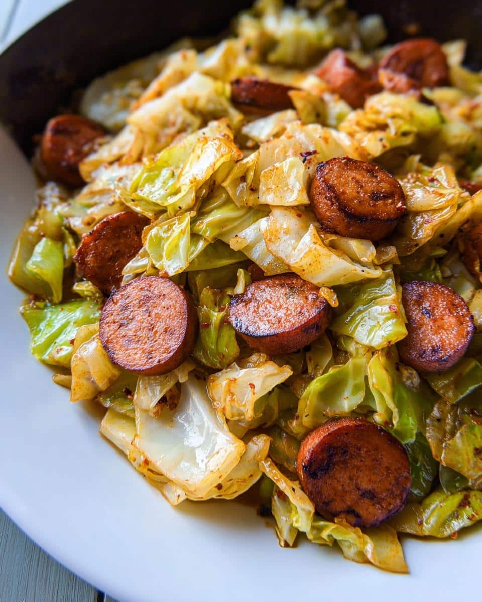 Close-up of perfectly cooked Low Carb Sausage Cabbage Skillet with browned sausage slices and sautéed cabbage.