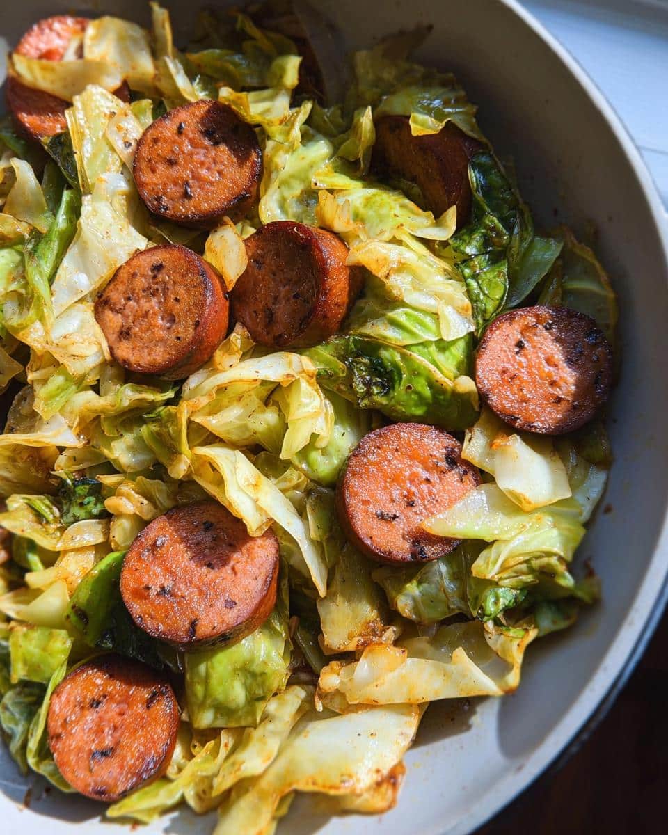 Close-up of seared sausage slices mixed with sautéed cabbage in a bowl, featuring the Low Carb Sausage Cabbage Skillet.
