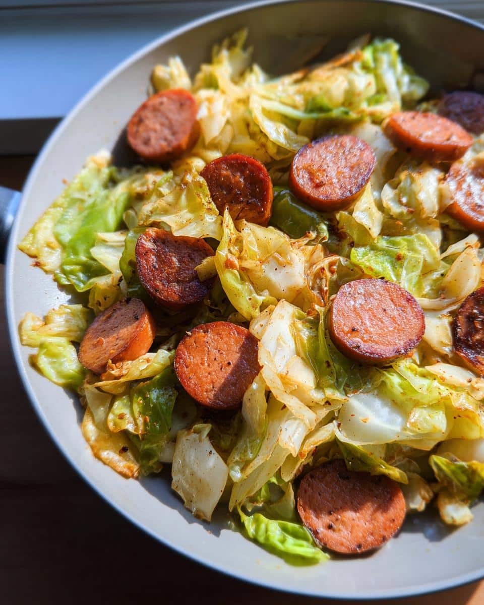 Close-up of Low Carb Sausage Cabbage Skillet with browned sausage slices mixed with sautéed cabbage in a light-colored pan.
