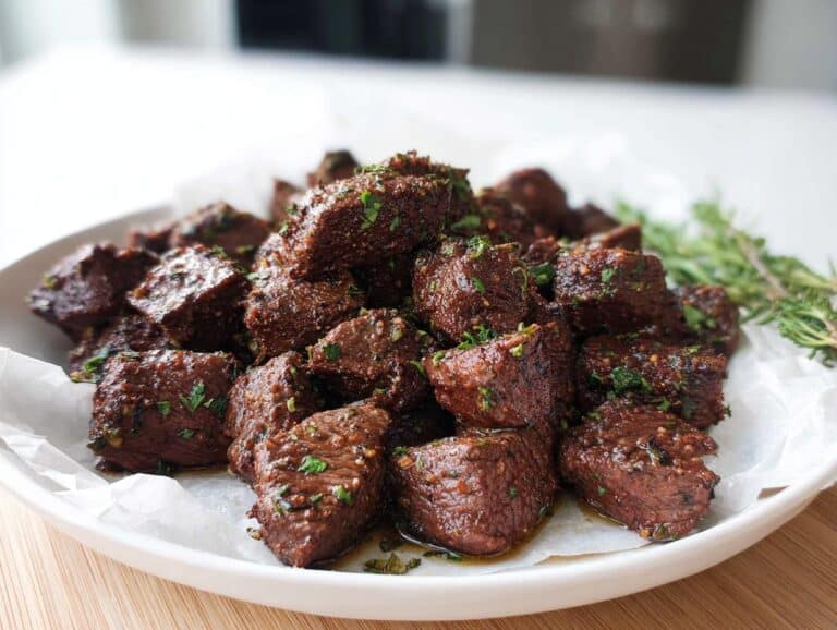 A white plate piled high with glistening, seasoned Low Carb Steak Bites garnished with fresh parsley and rosemary.