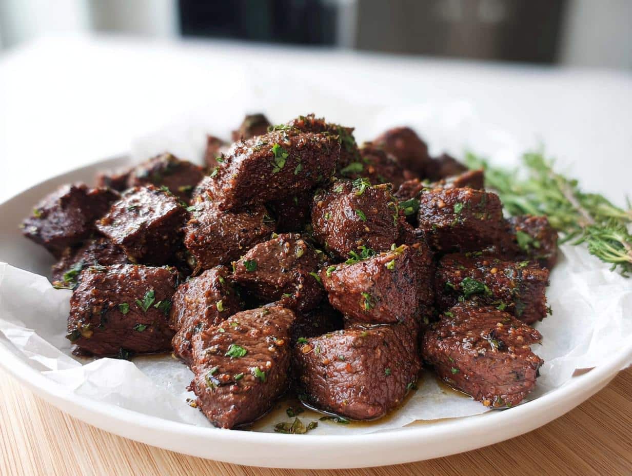 A white plate piled high with glistening, seasoned Low Carb Steak Bites garnished with fresh parsley and rosemary.