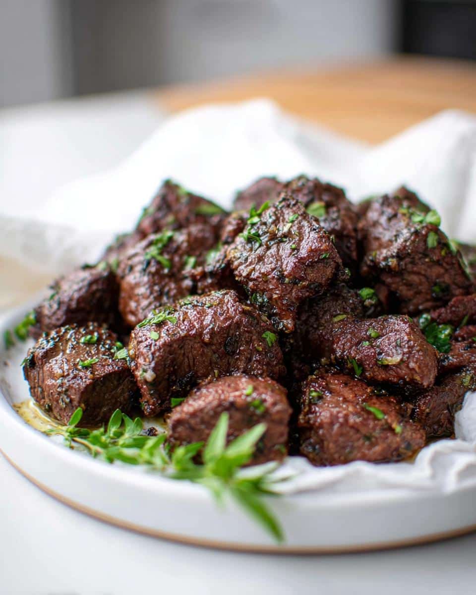 A mound of juicy, seared Low Carb Steak Bites garnished with fresh parsley and thyme on a white plate.