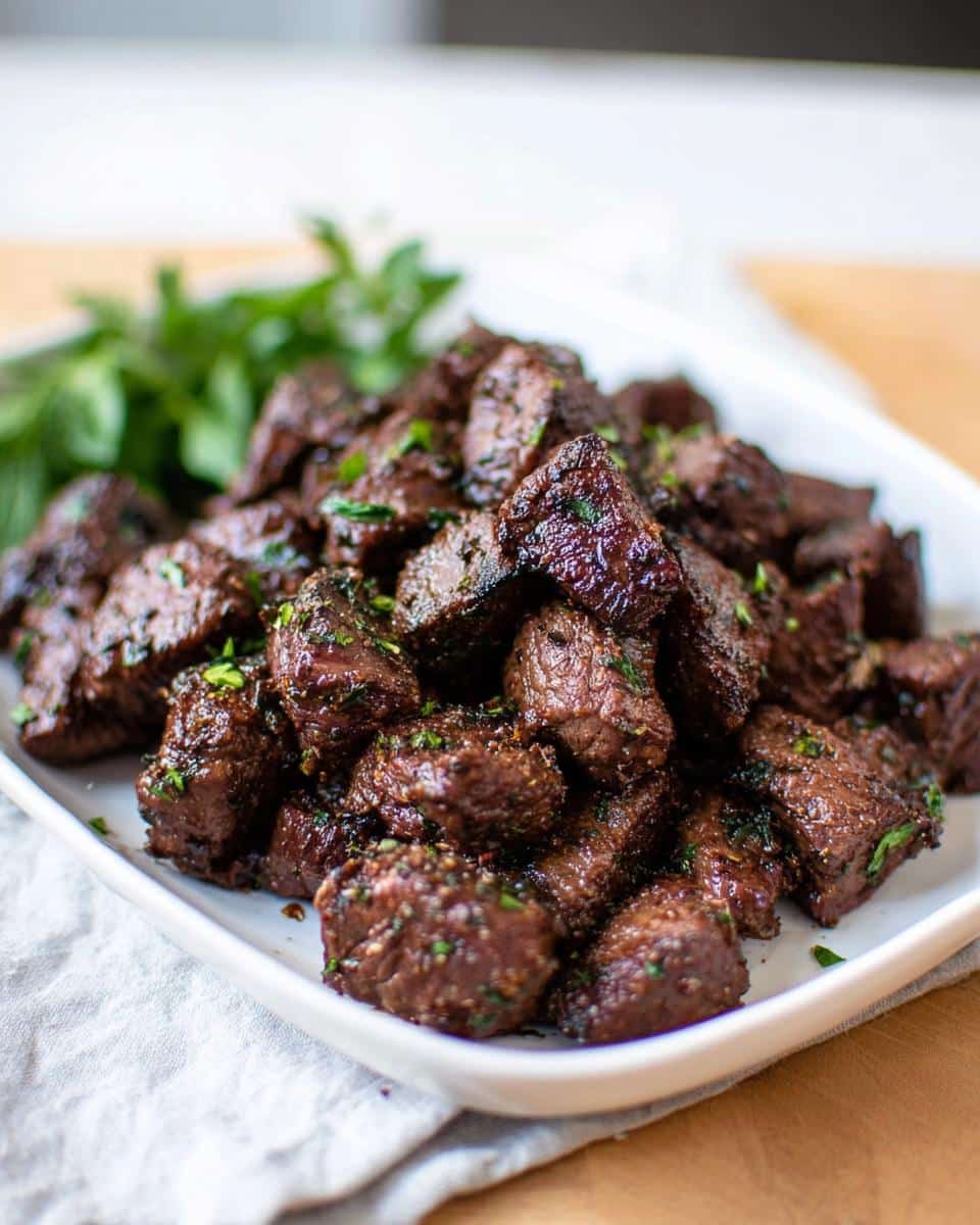 A white platter piled high with seasoned, seared Low Carb Steak Bites garnished with fresh parsley.
