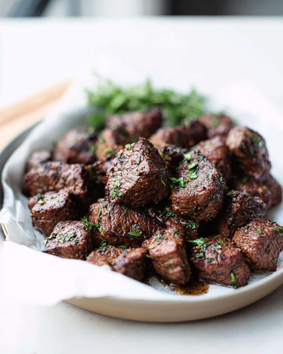 A close-up of perfectly seared Low Carb Steak Bites seasoned with herbs and spices, piled high on a plate.