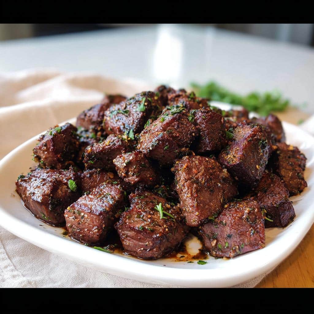 A mound of perfectly seared, seasoned Low Carb Steak Bites piled high on a white serving dish.