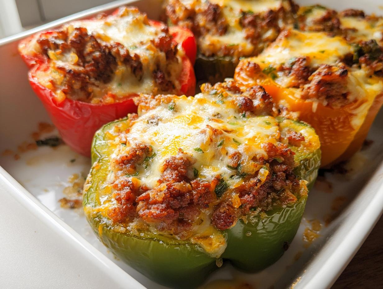 Four baked Low Carb Stuffed Bell Peppers in a white dish, topped with browned meat filling and melted cheese.