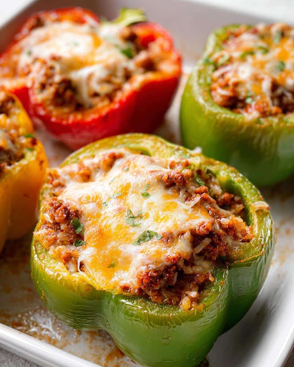 Close-up of colorful Low Carb Stuffed Bell Peppers filled with meat mixture and topped with melted cheese.