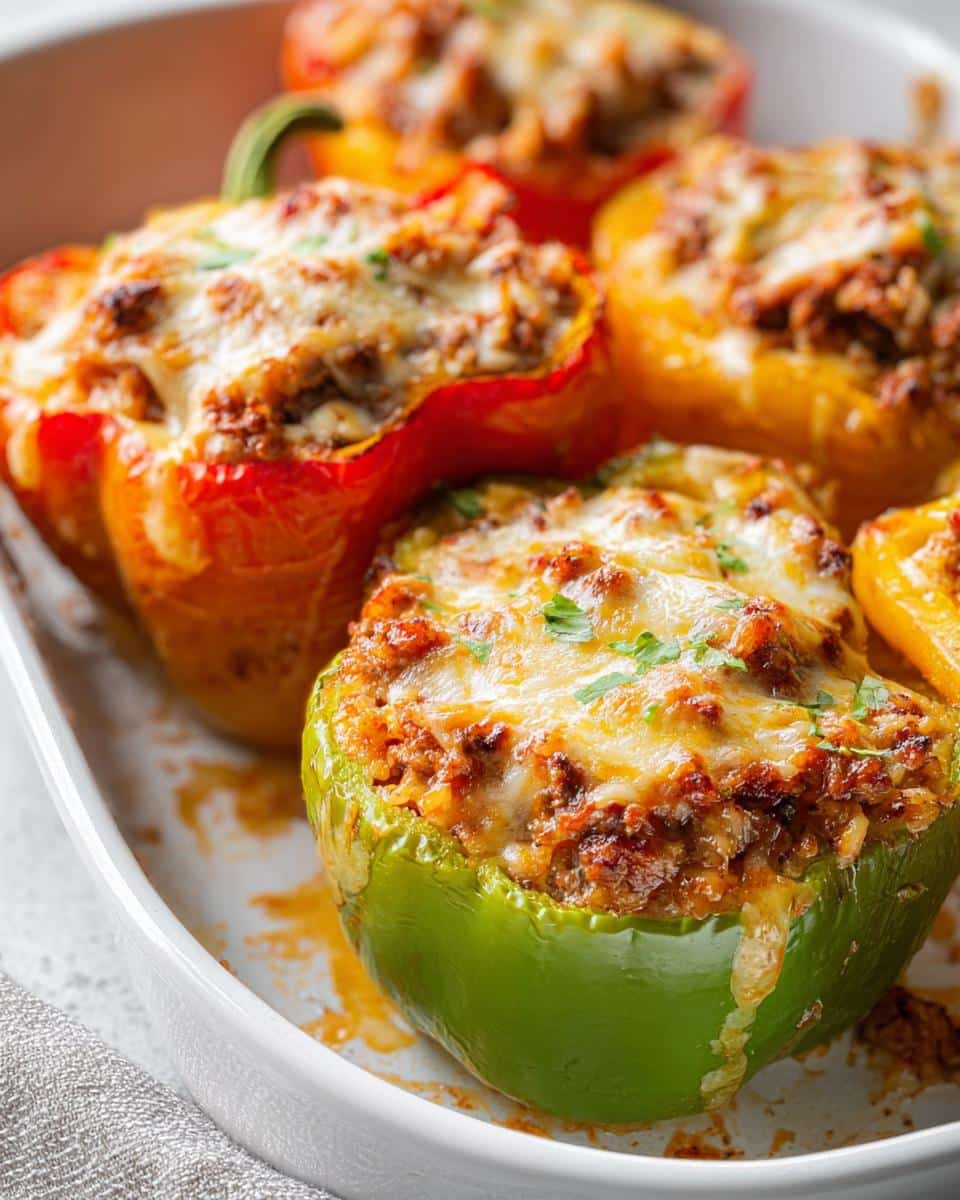 Close-up of baked Low Carb Stuffed Bell Peppers, filled with meat and topped with melted, browned cheese.