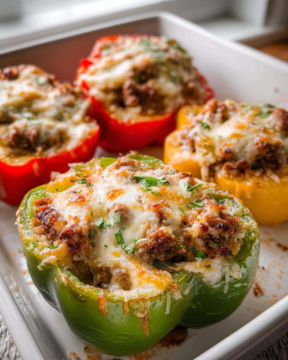 Close-up of baked Low Carb Stuffed Bell Peppers topped with melted cheese and parsley in a white dish.