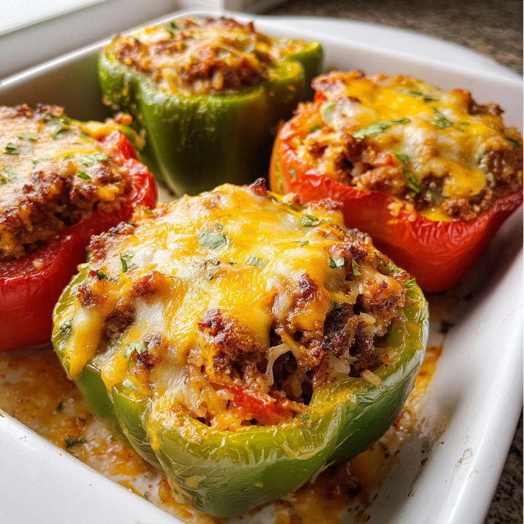 Close-up of four baked Low Carb Stuffed Bell Peppers, topped with melted cheddar cheese, in a white dish.