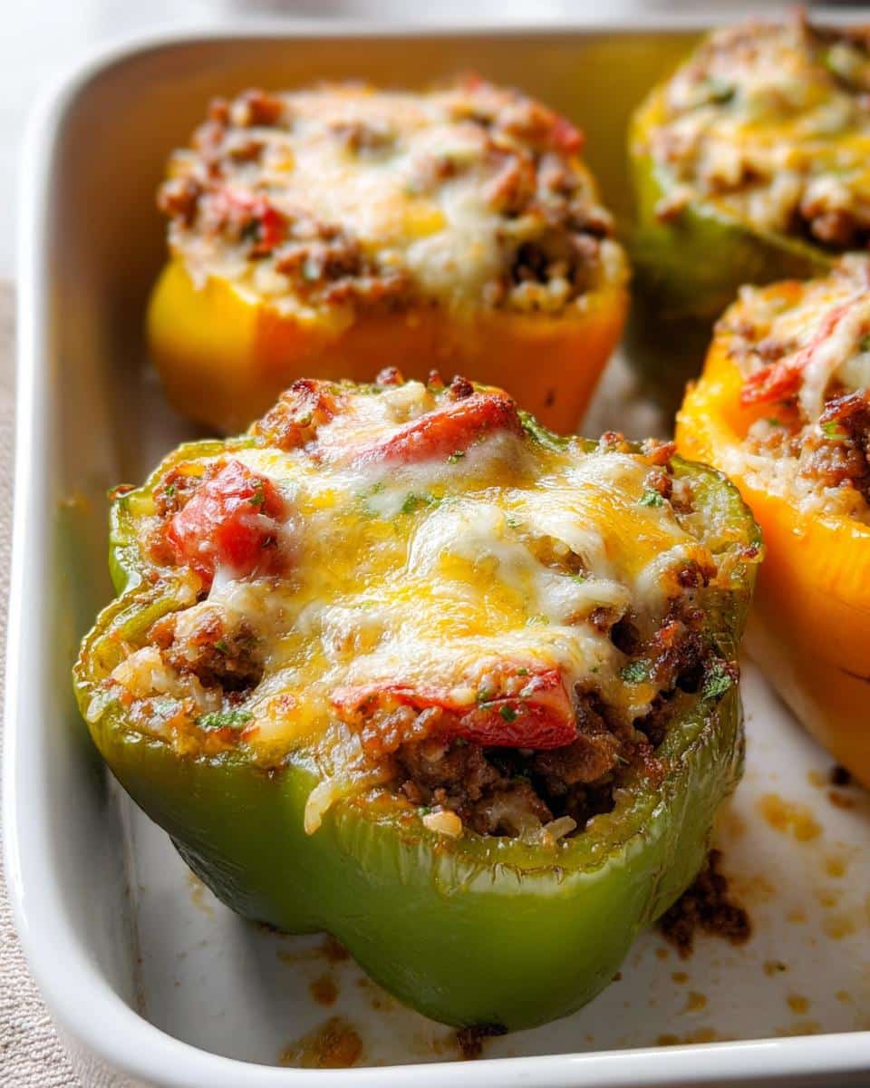 Close-up of a baked green Low Carb Stuffed Bell Pepper topped with melted cheese and savory ground meat filling.