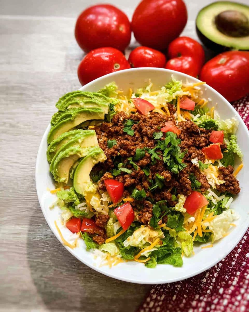 A vibrant bowl of Low Carb Taco Salad topped with seasoned ground beef, sliced avocado, diced tomatoes, and cheese.