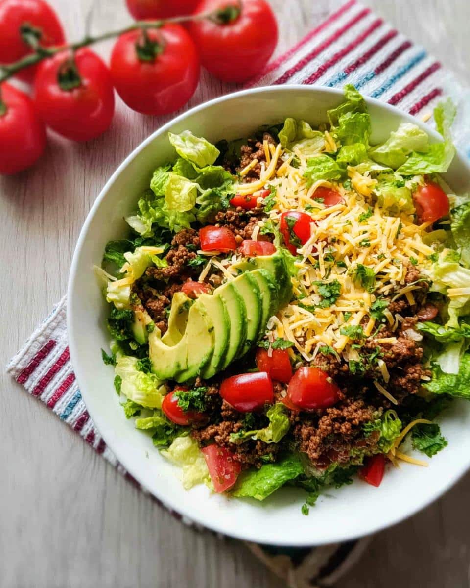 Overhead view of a Low Carb Taco Salad in a white bowl topped with seasoned ground beef, cheese, avocado, and tomatoes.