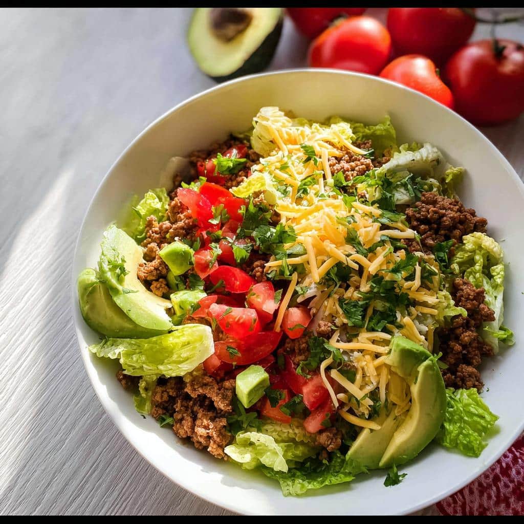 A vibrant Low Carb Taco Salad featuring seasoned ground beef, lettuce, tomatoes, avocado, and shredded cheese.