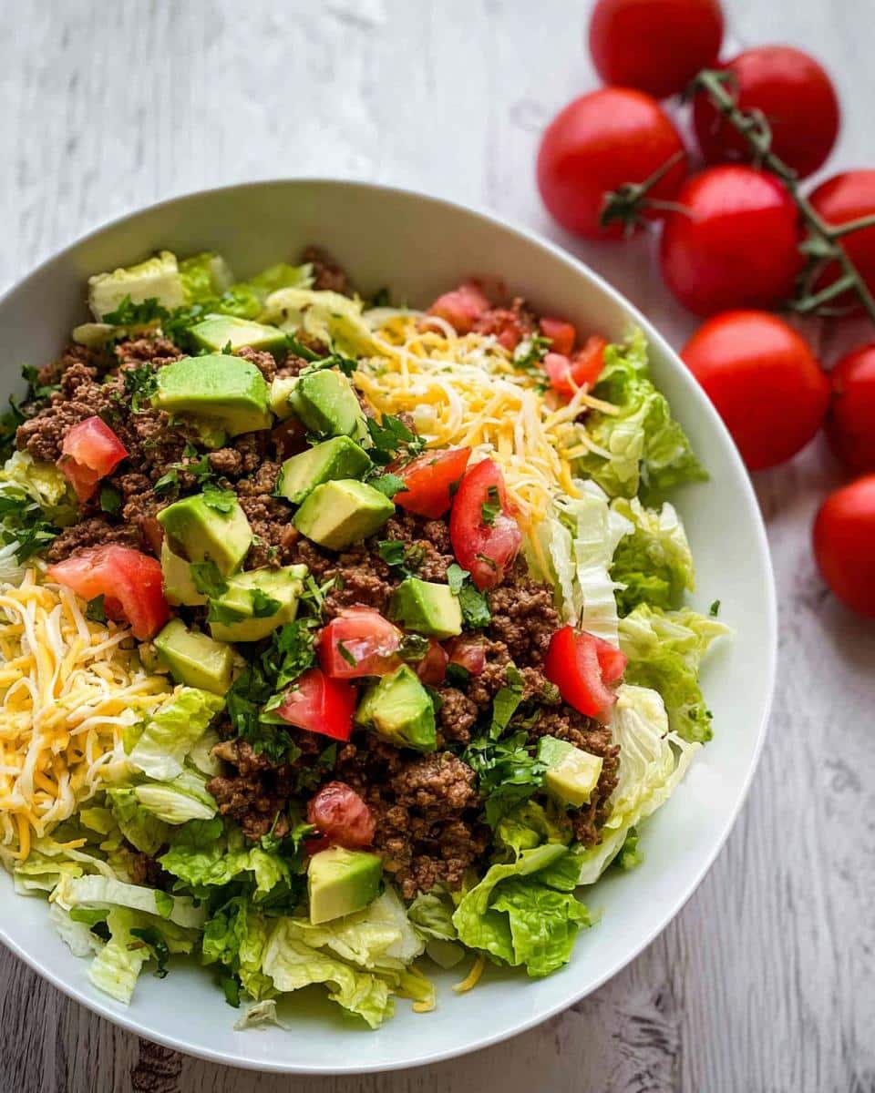 A vibrant bowl of Low Carb Taco Salad topped with seasoned ground beef, avocado, tomatoes, and shredded cheese.