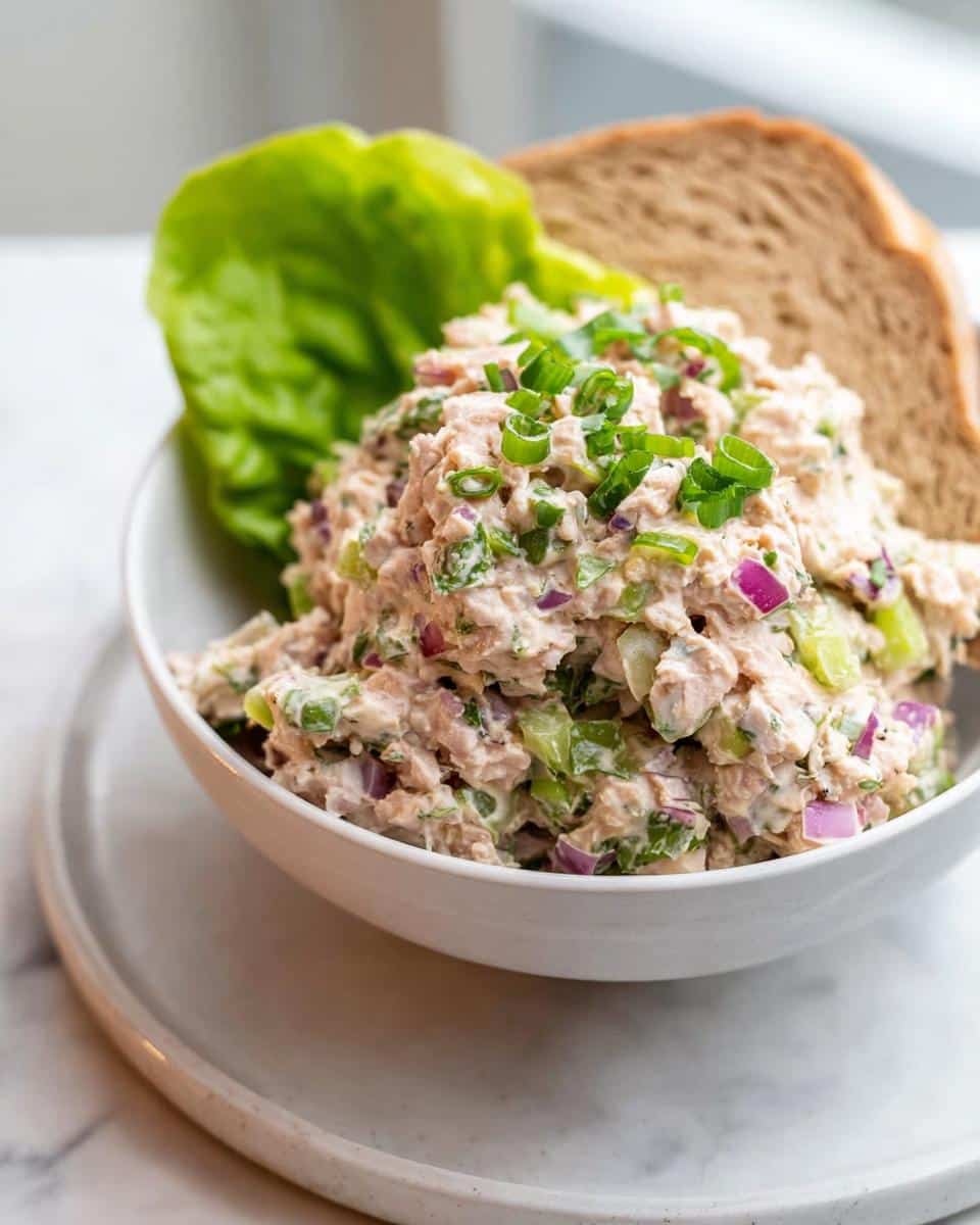 A bowl filled with creamy Low Carb Tuna Salad mixed with red onion and celery, topped with green onions, served with lettuce and a slice of bread.
