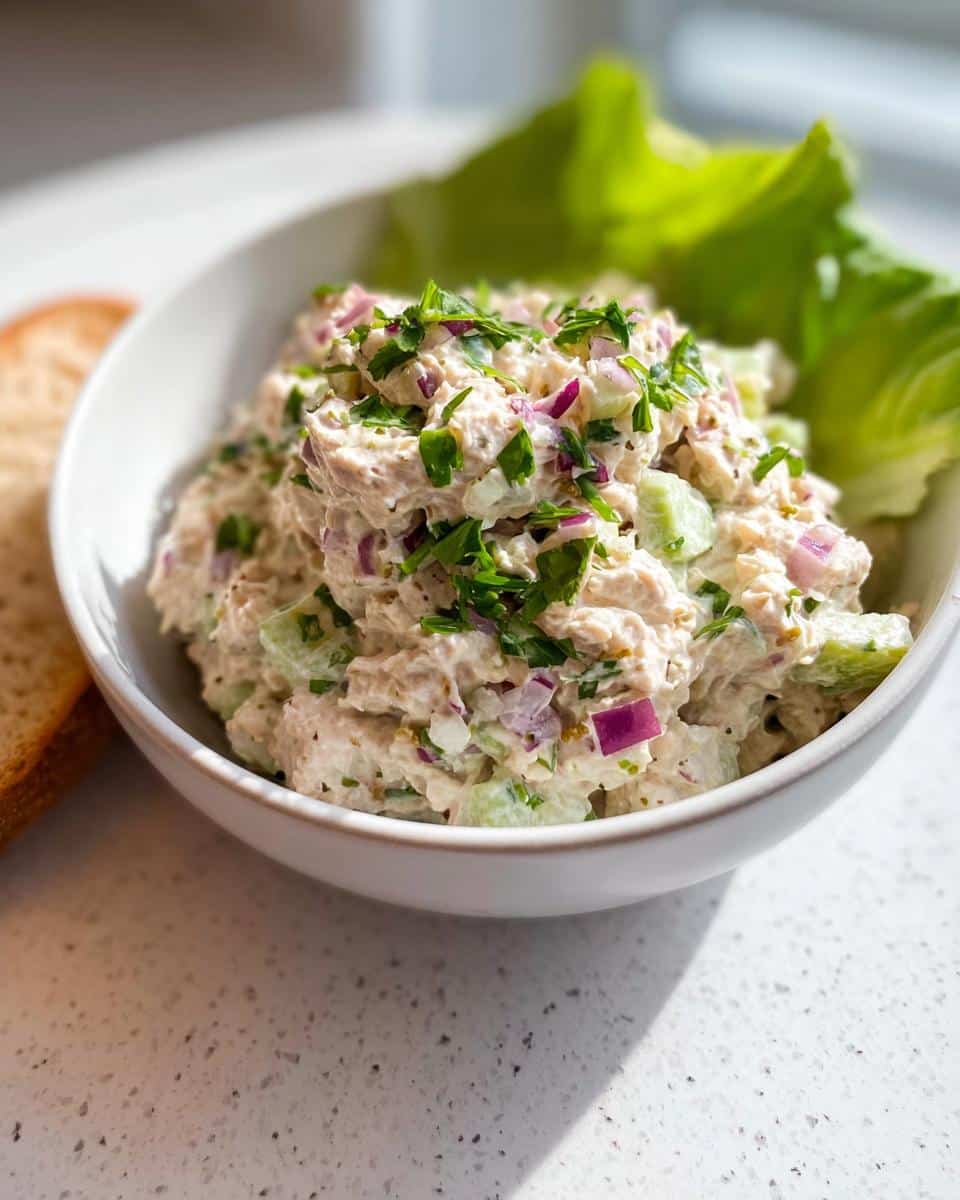 A close-up of a creamy Low Carb Tuna Salad Bowl topped with fresh parsley and diced red onion, served with lettuce.
